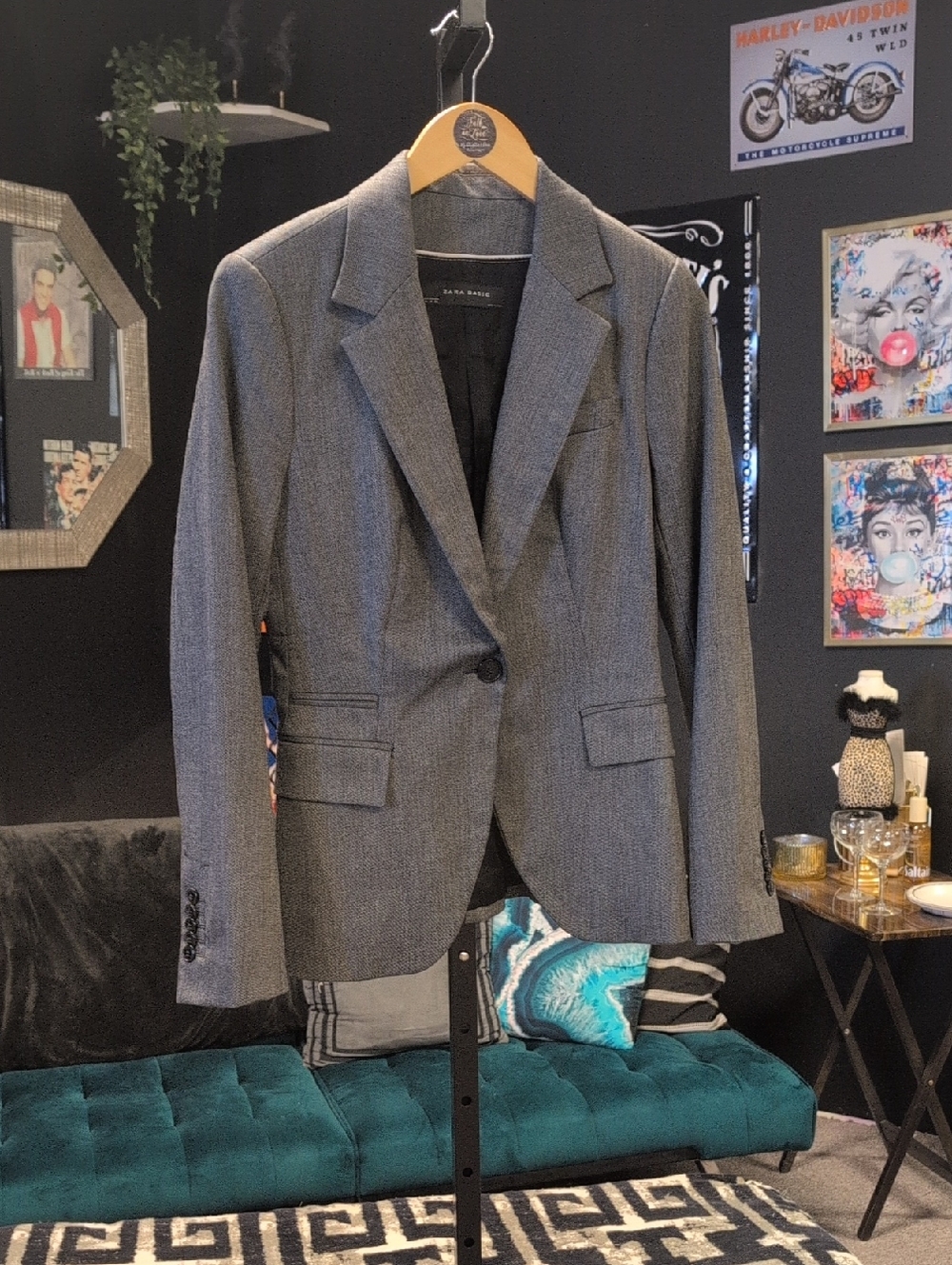 Zara Gray Herringbone Single-Button Blazer
